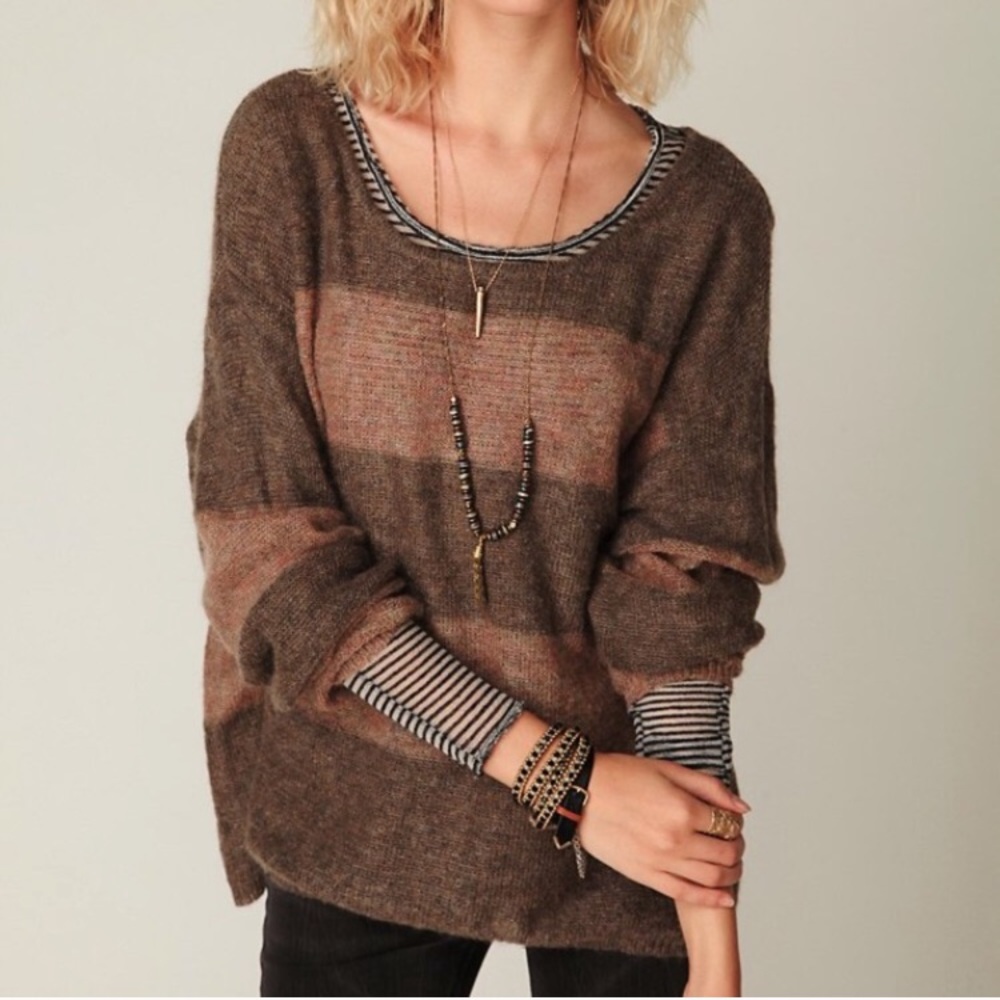 NWOT Free people brown wide striped pullover sz XS